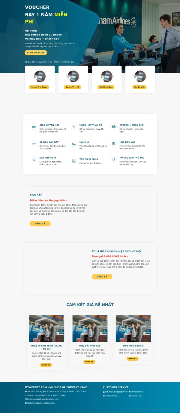 Màn hình đầu landing page đại lý vé máy bay với banner ưu đãi vé đoàn