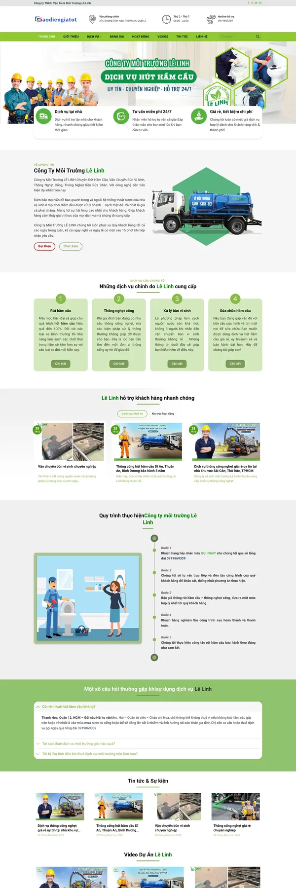 Màn hình đầu mẫu website hút hầm cầu với banner đội công nhân tông xanh lá