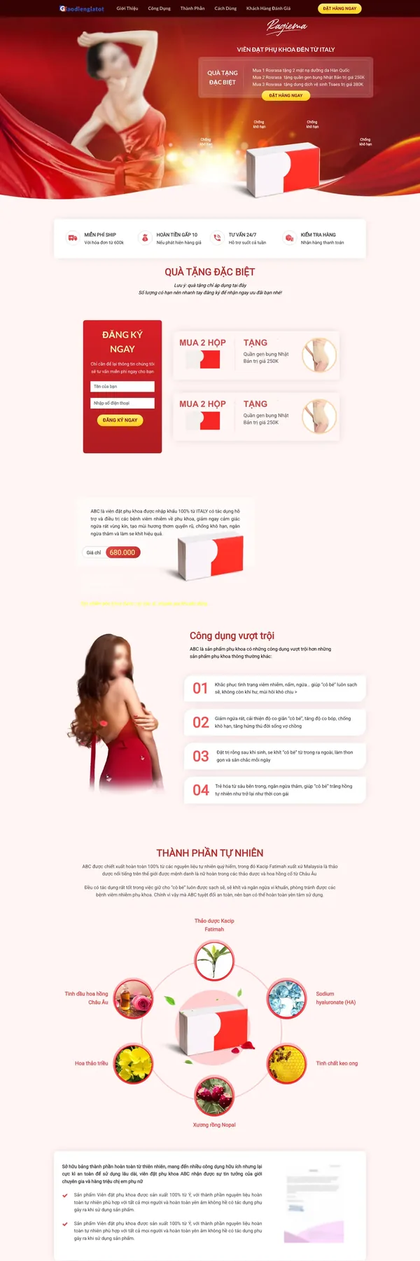 Màn hình đầu landing page sản phẩm phụ khoa với banner lụa đỏ và hộp sản phẩm