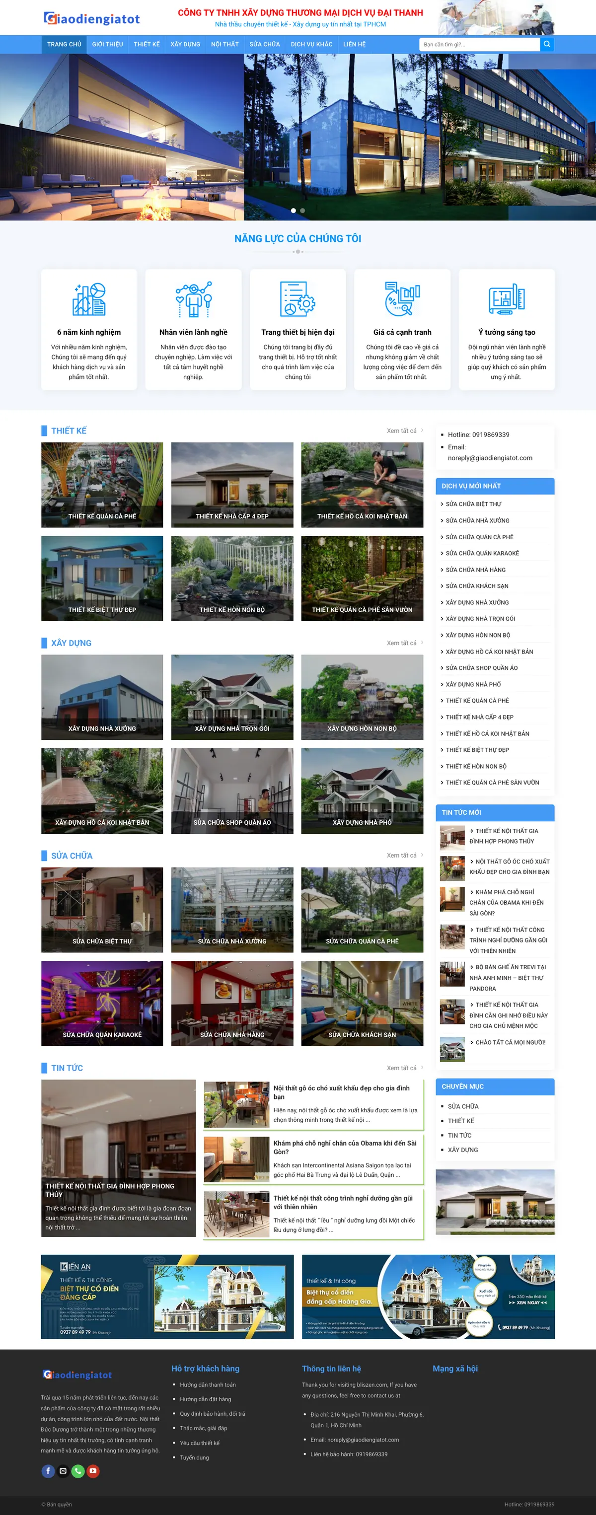 Màn hình đầu mẫu website xây dựng sửa chữa tông xanh với slider công trình