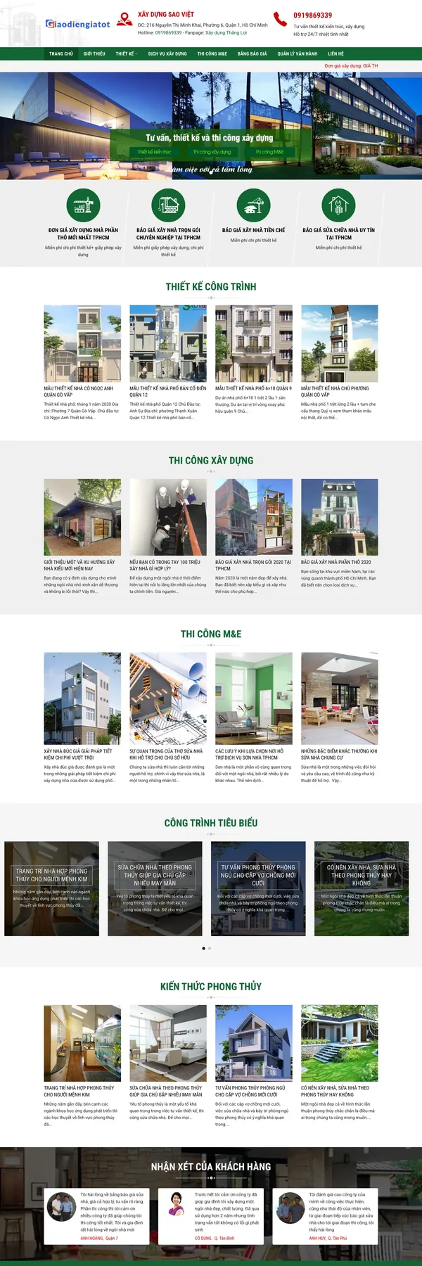 Màn hình đầu mẫu website báo giá xây nhà tông xanh lá với banner và 4 ô báo giá