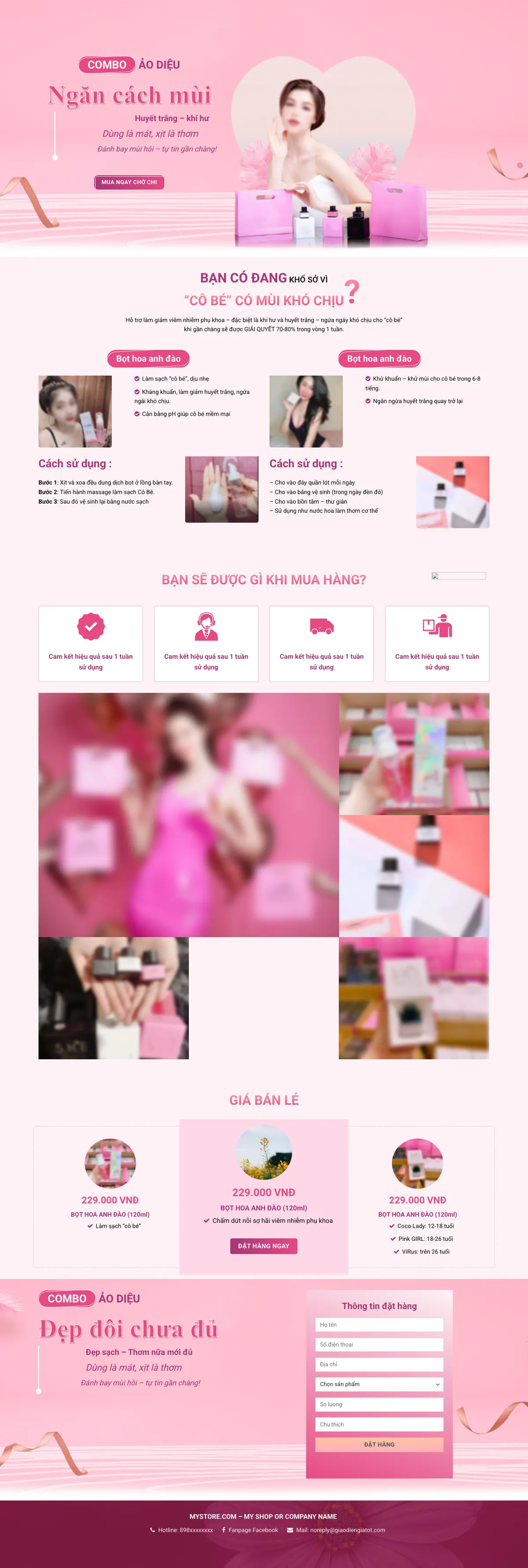 Màn hình đầu landing page dung dịch vệ sinh phụ nữ tông hồng với khung ảnh trái tim