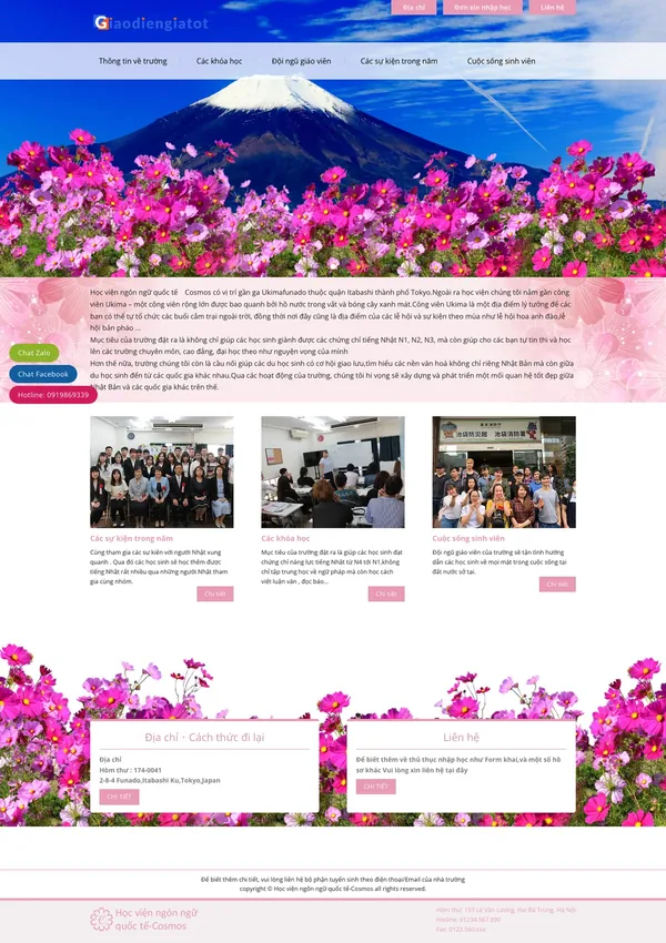 Màn hình đầu mẫu website trường Nhật ngữ với ảnh núi tuyết và đồng hoa hồng